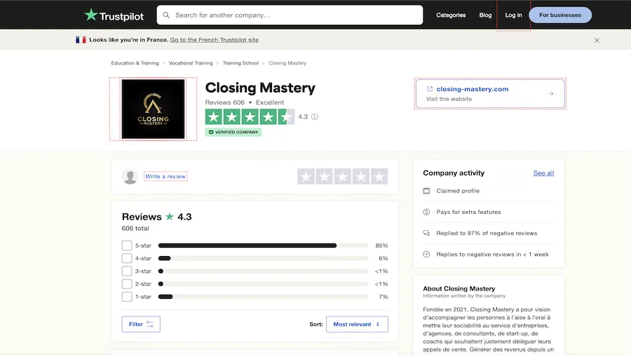 Formation Closing Mastery 2025 : Avis complet 16 Closing Mastery Trustpilot 1